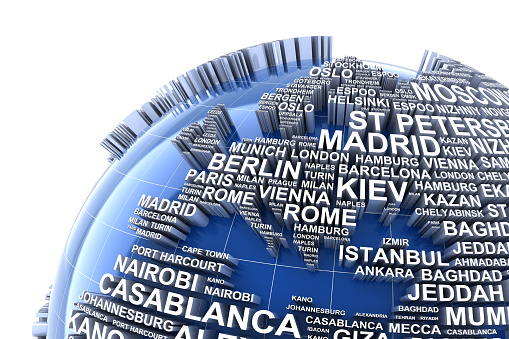 Earth with names of major cities in the world, 3d render, clipping path provided