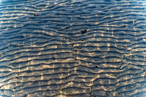 Abstract close-up view of pattern of water surface of Mediterranean Sea at Giens Peninsula on a sunny late spring day. Photo taken June 8th, 2023, Giens, Hyères France.