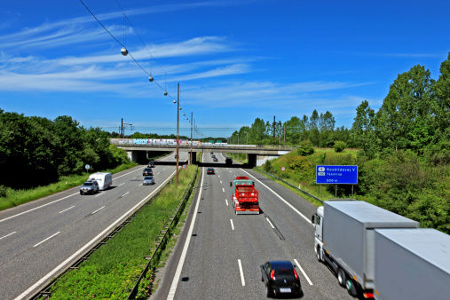 Traffic on highway on Zealand in Denmark. Motion blur.  Similar: