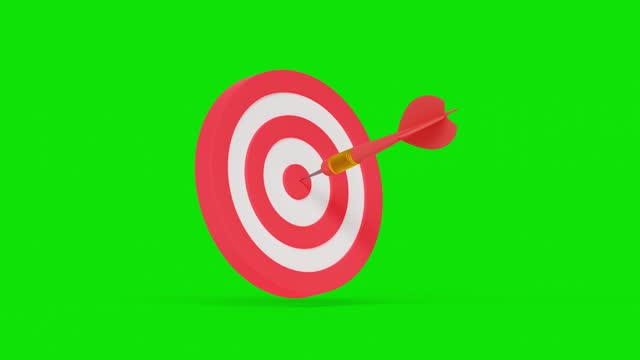 Dart hit the center of target on green screen. Business target achievement concept. 3d animation