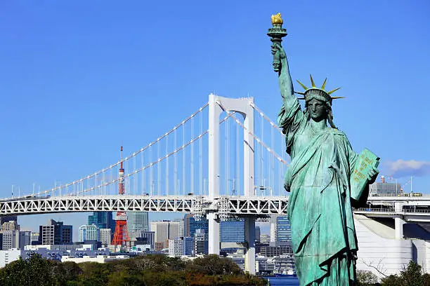 Rainbow Bridge, statue of Liberty, and Tokyo Tower