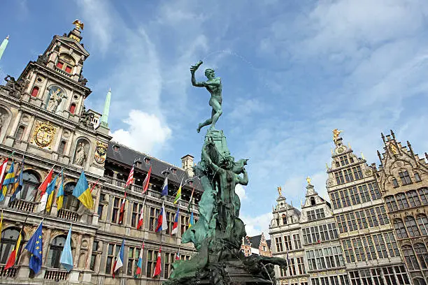 Brabo Statue in front of the City Hall in Antwerp, Belgium.