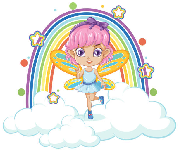 faries fliegen über einen regenbogen - faries stock-grafiken, -clipart, -cartoons und -symbole