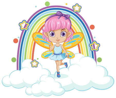Cartoon fairies soar above a fluffy cloud and a vibrant rainbow