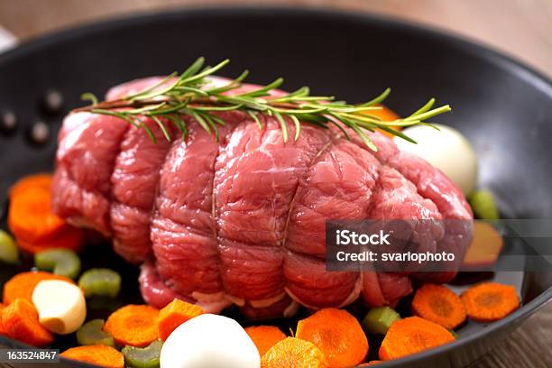 Raw Beef Roast In A Pan Stock Photo - Download Image Now - Meat, String, Barbecue - Meal