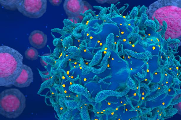 istock Hiv virus attack and infected t-cell with regular cells - closeup 3d render illustration 1635267052