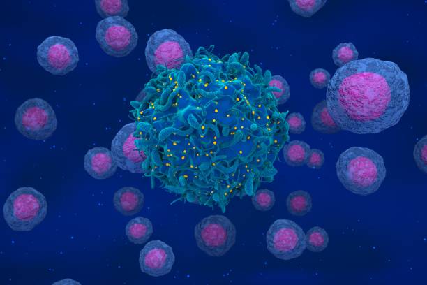 istock Hiv virus attack and infected t-cell with regular cells - 3d render illustration 1635267058