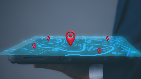 Location point, icon maps and find places in the online system, Businessman using digital tablet of searching information location maps. Connection line over the map, Navigation concept.