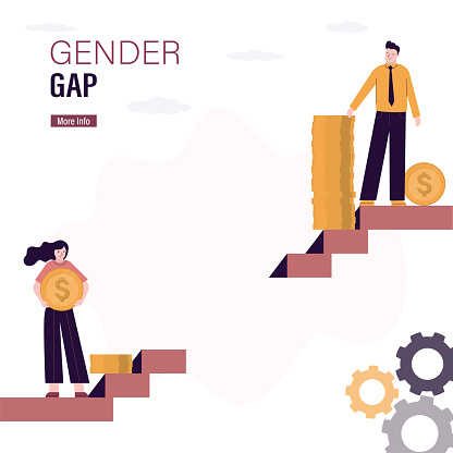 Social issues, human rights, sexism. businessman stands with wealth at top of career ladder, businesswoman at bottom, gender pay gap, inequality between man and girl wage, salary, income. flat vector