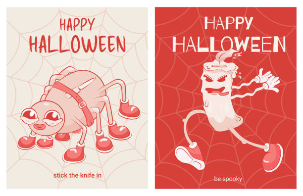 ilustraciones, imágenes clip art, dibujos animados e iconos de stock de un conjunto de postales en estilo retro y genial: una vela encendida y una araña con una telaraña. - running mummified horror spooky