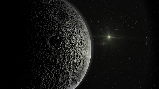 Antares star emerging behind the Crescent Moon. 3D scene created and modelled in Adobe After Effects and the planet textures are taken from Solar System Scope official website (https://www.solarsystemscope.com/textures/)