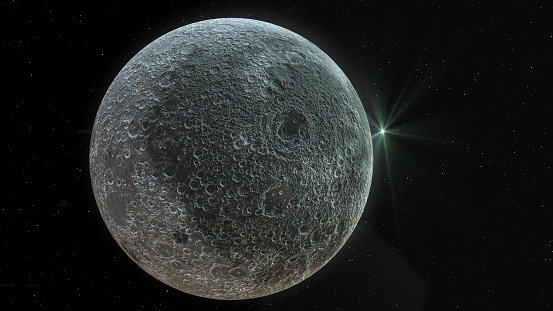 Antares star emerging behind the Moon. 3D scene created and modelled in Adobe After Effects and the planet textures are taken from Solar System Scope official website (https://www.solarsystemscope.com/textures/)