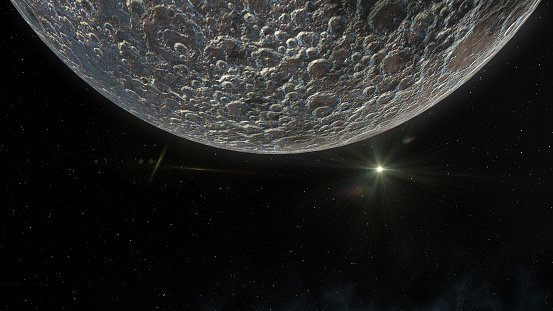 Antares star emerging behind the Moon. 3D scene created and modelled in Adobe After Effects and the planet textures are taken from Solar System Scope official website (https://www.solarsystemscope.com/textures/)
