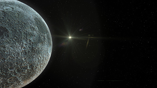 Antares star emerging behind the Moon. 3D scene created and modelled in Adobe After Effects and the planet textures are taken from Solar System Scope official website (https://www.solarsystemscope.com/textures/)