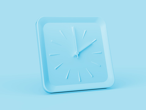 3d Simple Soft Blue Square Wall Clock 2 O'Clock Two O'Clock On Soft Blue Background 3d illustration