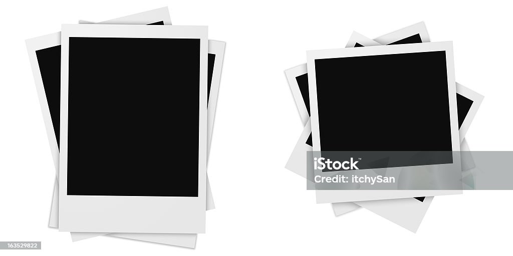 Polaroid photo frames Two piles of Polaroid photo frames. Both consist of three photos. Left pile of vertical shaped photo frames, right pile of square shaped photo frames. Instant Print Transfer Stock Photo