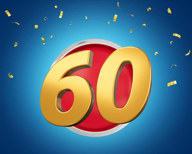 istock Gold Number 60 Gold Number Sixty On Rounded Red Icon with Particles, 3d illustration 1635303992
