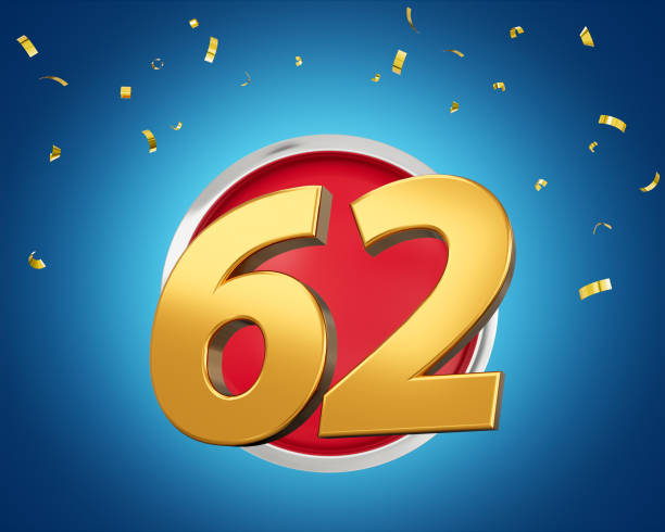 istock Gold Number 62 Gold Number Sixty Two On Rounded Red Icon with Particles, 3d illustration 1635309425
