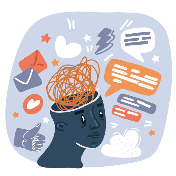 istock Vector illustration of human head with tangled line inside, like brain. Concept of chaotic thought process, confusion, personality disorder and depression. 1635316368