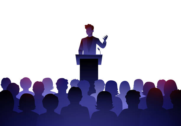 ilustrações de stock, clip art, desenhos animados e ícones de public speaker on lectern in front of audience. - press conference public speaker politician speech