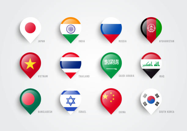 ilustrações de stock, clip art, desenhos animados e ícones de asia pin set with asian flags - flag national flag japan japanese flag