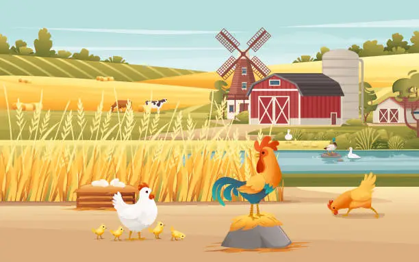 Vector illustration of Rural landscape farmland grain field with windmill and chicken nest agricultural buildings sunny day vector countryside illustration