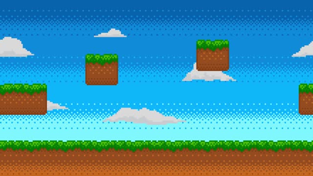 Pixel art animation of retro video game background. Animated 8 bit nature landscape scene with green grass, platforms, clouds and blue sky. Pixelated template for computer game or application.