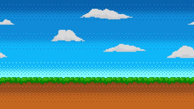 Pixel art animation of retro video game background. Animated 8 bit landscape with moving clouds.