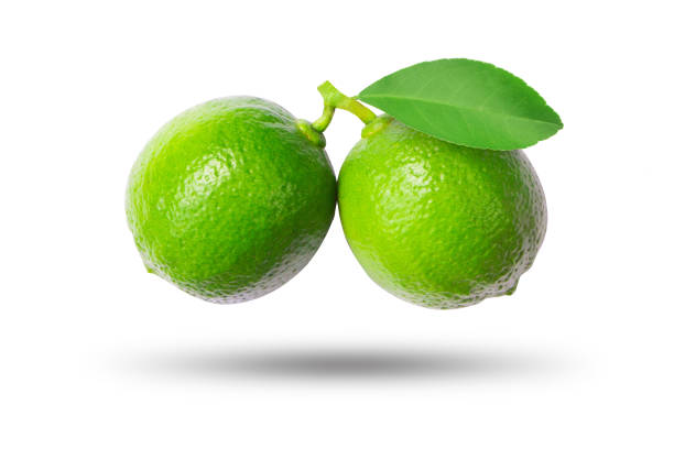 istock Flying green lime with leaves isolated on white background. 1635340636