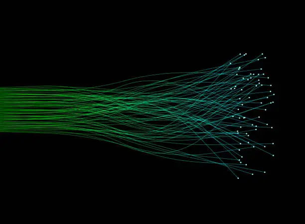 Vector illustration of Bundle of green glass communication fibers fanning out to the right, each terminating in a glowing white light