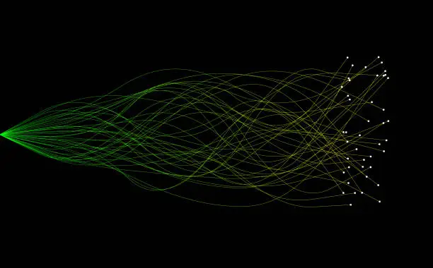 Vector illustration of Emerging from a single point on the left, a bundle of green communication fibers elegantly fans out, each strand culminating in a glowing white light at its tip.