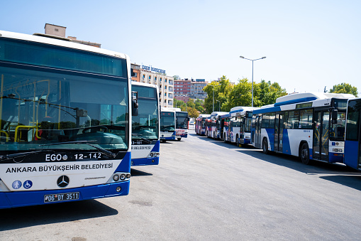 Ankara Metropolitan Municipality EGO buses at the stop. Ankara, Turkey - August 16, 2023.