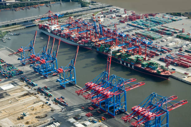 aerial view, port of hamburg, hamburg, germany, - hafen containerterminal imagens e fotografias de stock