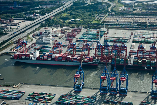 aerial view, port of hamburg, hamburg, germany, - hafen containerterminal imagens e fotografias de stock