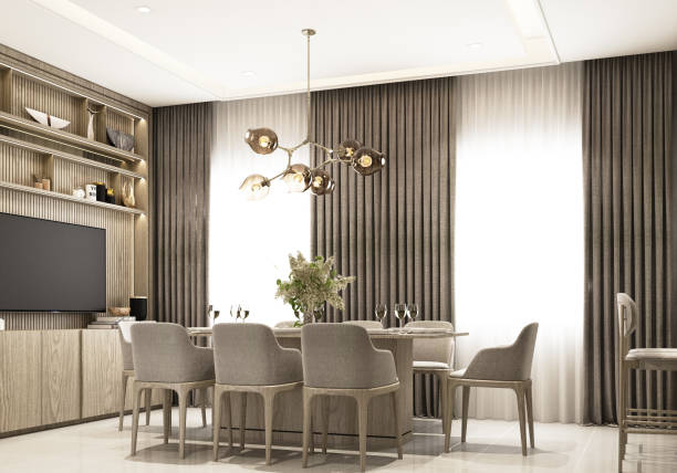 istock interior design modern luxury style Decorated with marble and wood materials in an expensive style. dining area in front of the show house Decorated with props and home decorations. 3d rendering 1635351235