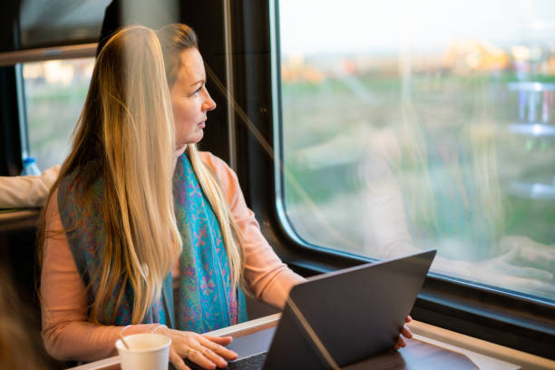 istock Businesswoman using laptop while traveling by train 1635351768