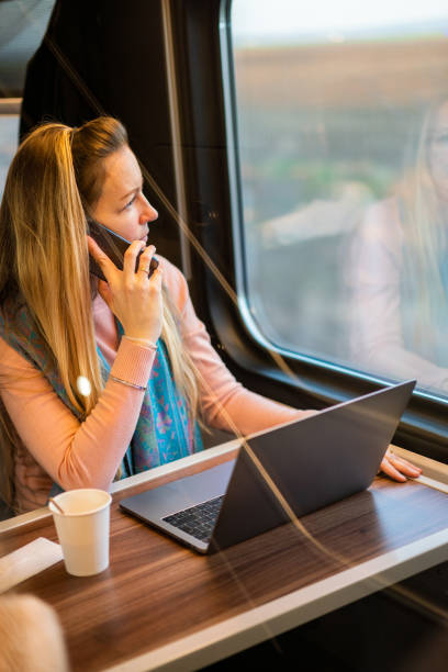 istock Businesswoman using laptop and mobile phone while traveling by train 1635353374