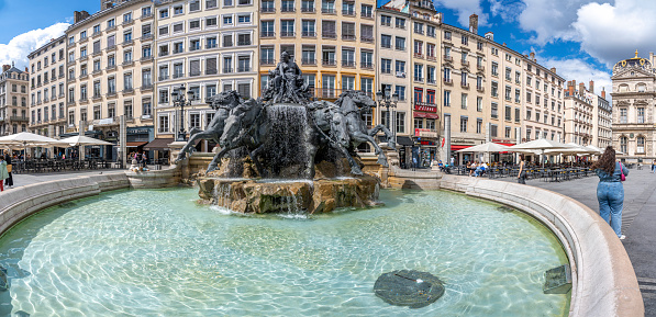 Lyon, France - 08 04 2023: View of the Fountain Bartholdi, in Place des Terreaux