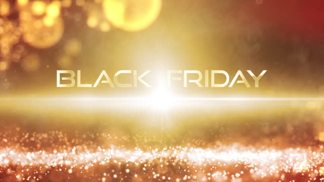 Black Friday golden text with bokeh and gold particles wave and flare light cinematic title animation on black abstract background,
