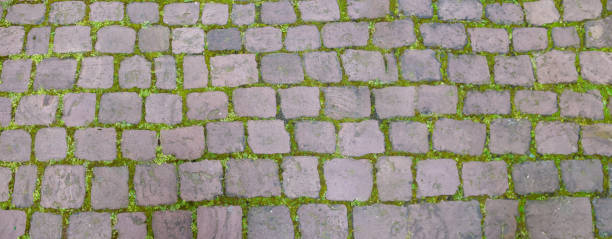 istock Stone paved floor background texture. Cobblestone grey footpath above view 1635369660