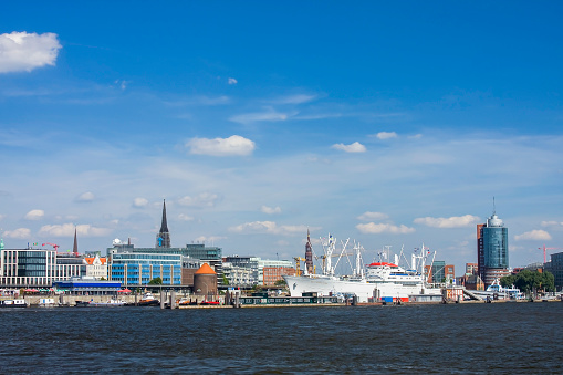 Landungsbruecken, St. Pauli Landing Bridges, in the Port of Hamburg as seen from the Elbe River, Hamburg, Germany, Europe