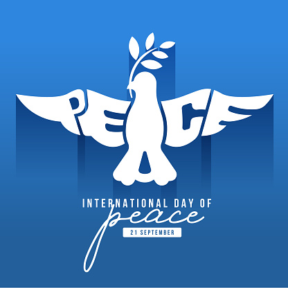 International day of peace - White front peace bird flying with PEACE text texture sign on blue vector design