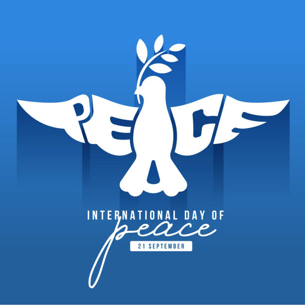 International day of peace - White front peace bird flying with PEACE text texture sign on blue vector design International day of peace - White front peace bird flying with PEACE text texture sign on blue vector design symbolism stock illustrations