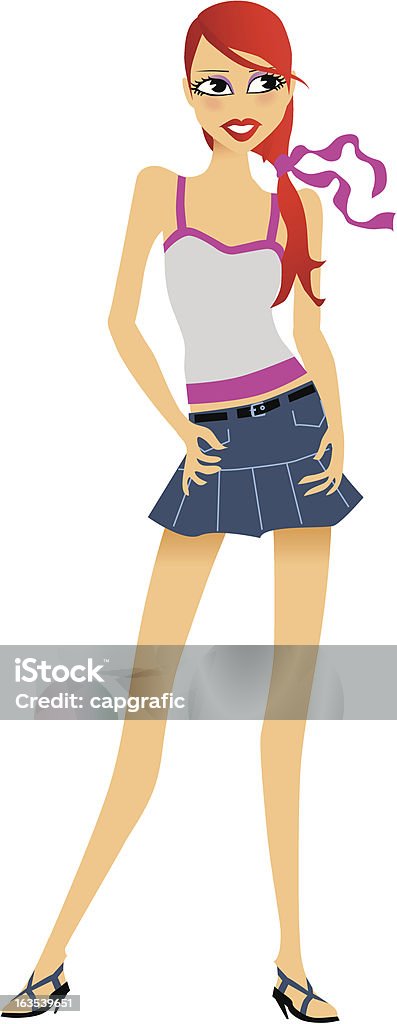 fashion girl red hair girl standing with a mini jean\'s skirt Adult stock vector