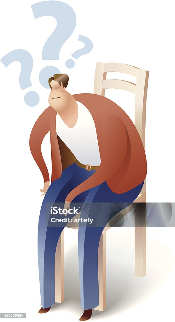 Sitting man A man is sitting on a chair. He's got some questions. Adult stock vector