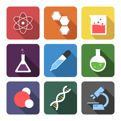 Vector set of Chemistry icons flat style with long shadow. Atom, hexagonal molecule, laboratory equipments, flask, dropper, water molecular structure, DNA, microscope vector illustration. Logo design