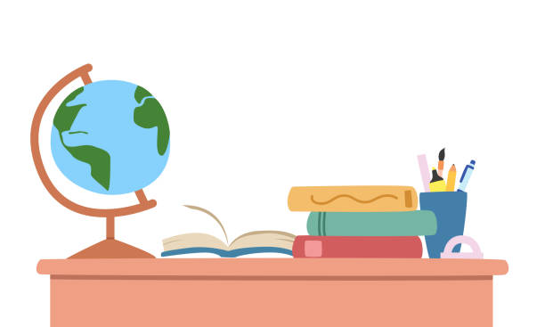 istock Student desk with Earth globe, open book, pen holder, stack of books clipart cartoon style vector illustration. Back to school, homework, study corner, classroom concept. Hand drawn style 1635399252