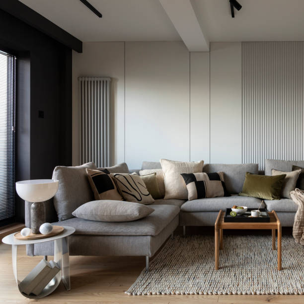 istock Creative composition of living room interior with design gray sofa, wooden coffee table, stylish carpet, beige side table, pillows, personal accessories and big tv. Stylish home decor. Template. 1635406893