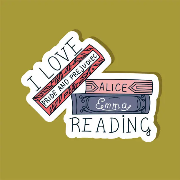 Vector illustration of Book lover sticker. I love reading. World Book Day. Stack of books. Fiction literature. Vector.