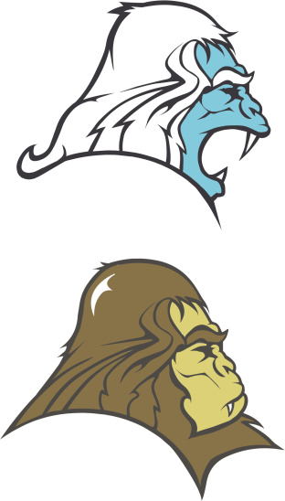 Two different coloured stylized illustrations of yeti or sasquatch heads.
